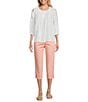 Intro Petite Size Cotton Voile Crew Neck 3/4 Sleeve Lace Trim Peasant Blouse, Color:Bright White - Image 3