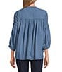 Intro Petite Size Crinkle Gauze Crew Neck 3/4 Sleeve Smocked Romantic Button-Front Blouse, Color:Blue Horizon - Image 2