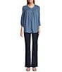 Intro Petite Size Crinkle Gauze Crew Neck 3/4 Sleeve Smocked Romantic Button-Front Blouse, Color:Blue Horizon - Image 3