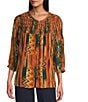 Intro Petite Size Crinkle Gauze Ikat Print Crew Neck 3/4 Sleeve Smocked Detail Button-Front Blouse, Color:Fir Green - Image 1