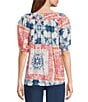 Intro Petite Size Crinkle Gauze Printed Scoop Neck Elbow Sleeve Button Front Peasant Top, Color:Birch - Image 2