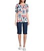 Intro Petite Size Crinkle Gauze Printed Scoop Neck Elbow Sleeve Button Front Peasant Top, Color:Birch - Image 3