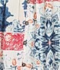 Intro Petite Size Crinkle Gauze Printed Scoop Neck Elbow Sleeve Button Front Peasant Top, Color:Birch - Image 4