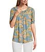 Intro Petite Size Crinkle Gauze Printed Scoop Neck Elbow Sleeve Button-Front Peasant Top, Color:Dazzling Blue - Image 1