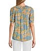 Intro Petite Size Crinkle Gauze Printed Scoop Neck Elbow Sleeve Button-Front Peasant Top, Color:Dazzling Blue - Image 2