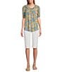 Intro Petite Size Crinkle Gauze Printed Scoop Neck Elbow Sleeve Button-Front Peasant Top, Color:Dazzling Blue - Image 3