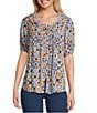 Intro Petite Size Crinkle Gauze Abstract Tile Printed Scoop Neck Elbow Sleeve Button Front Peasant Top, Color:Coronet Blue - Image 1