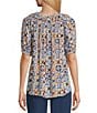 Intro Petite Size Crinkle Gauze Abstract Tile Printed Scoop Neck Elbow Sleeve Button Front Peasant Top, Color:Coronet Blue - Image 2