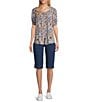 Intro Petite Size Crinkle Gauze Abstract Tile Printed Scoop Neck Elbow Sleeve Button Front Peasant Top, Color:Coronet Blue - Image 3
