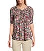 Intro Petite Size Crinkle Gauze Printed Scoop Neck Elbow Sleeve Button Front Peasant Top, Color:Rapture Rose - Image 1