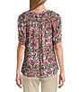Intro Petite Size Crinkle Gauze Printed Scoop Neck Elbow Sleeve Button Front Peasant Top, Color:Rapture Rose - Image 2