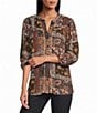 Intro Petite Size Crinkle Gauze Printed Y-Neck 3/4 Elastic Cuff Sleeve Button-Front Shirt - Image 1