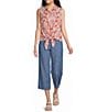 Intro Petite Size Elara Embroidered Hem Drawstring Tie Pull-On Denim Capri Pants - Image 3