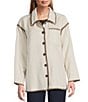 Intro Petite Size Embroidered Whipstitch Point Collar Long Sleeve Button Front Shirt Jacket, Color:New Natural Pearl/Capuccino Whipstitch - Image 2