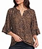 Intro Petite Size Faux Suede Animal Print Split V-Neck 3/4 Ruffle Bell Sleeve Top - Image 1