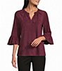Intro Petite Size Faux Suede Split V-Neck 3/4 Ruffle Bell Sleeve Top - Image 1