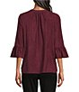 Intro Petite Size Faux Suede Split V-Neck 3/4 Ruffle Bell Sleeve Top - Image 2