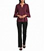 Intro Petite Size Faux Suede Split V-Neck 3/4 Ruffle Bell Sleeve Top - Image 3