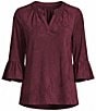 Intro Petite Size Faux Suede Split V-Neck 3/4 Ruffle Bell Sleeve Top - Image 5