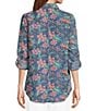 Color:Sun Wash/Floral Geometric Mix Print - Image 2 - Petite Size Floral Geometric Mix Print Long Roll-Tab Sleeve Button Front Point Collar Tencel Shirt