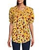 Color:Sunflower Floral Print - Image 1 - Petite Size Floral Print Frill Scoop Neckline Short Sleeve Smocked Yoke Lace Inset Half-Button Front Top