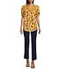 Color:Sunflower Floral Print - Image 3 - Petite Size Floral Print Frill Scoop Neckline Short Sleeve Smocked Yoke Lace Inset Half-Button Front Top