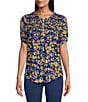 Color:Royal Blue Floral Print - Image 1 - Petite Size Floral Printed Scoop Neck Short Sleeve Smocked Yoke Lace Inset Half-Button Front Top