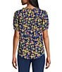 Color:Royal Blue Floral Print - Image 2 - Petite Size Floral Printed Scoop Neck Short Sleeve Smocked Yoke Lace Inset Half-Button Front Top