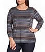 Intro Plus Size Jersey Knit Yarn Dye Stripe Crew Neck 3/4 Sleeve Top - Image 1