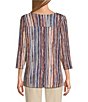 Intro Petite Size Knit Jersey Abstract Stripe 3/4 Sleeve Pleated Neck Tee, Color:Sand - Image 2