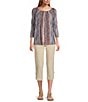 Intro Petite Size Knit Jersey Abstract Stripe 3/4 Sleeve Pleated Neck Tee, Color:Sand - Image 3