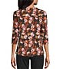 Intro Petite Size Knit Jersey Fudge Rose Print 3/4 Sleeve Pleated Neck Tee, Color:Fudge - Image 2