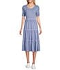 Color:Stonewash - Image 1 - Petite Size Knit Short Sleeve Scoop Neck Tiered Midi Dress