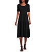 Color:Ebony Black - Image 1 - Petite Size Knit Short Sleeve Scoop Neck Tiered Midi Dress