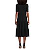 Color:Ebony Black - Image 2 - Petite Size Knit Short Sleeve Scoop Neck Tiered Midi Dress