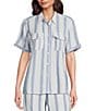 Intro Petite Size Linen Blend Coordinating Stripe Point Collar Elbow Sleeve Button-Front Camp Shirt - Image 1