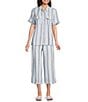 Intro Petite Size Linen Blend Coordinating Stripe Point Collar Elbow Sleeve Button-Front Camp Shirt - Image 3