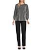 Intro Petite Size Lurex Knit Metallic Crew Neck Bracelet Length Poet Sleeve Top, Color:Silver Lurex - Image 3