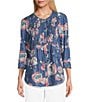 Color:Medium Blue Wash/Floral Print - Image 1 - Petite Size Lyocell Floral Print Split Round Neck 3/4 Roll-Tab Sleeve Button-Front Top