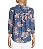 Color:Medium Blue Wash/Floral Print - Image 2 - Petite Size Lyocell Floral Print Split Round Neck 3/4 Roll-Tab Sleeve Button-Front Top