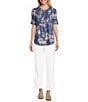 Color:Medium Blue Wash/Floral Print - Image 3 - Petite Size Lyocell Floral Print Split Round Neck 3/4 Roll-Tab Sleeve Button-Front Top