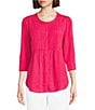 Color:Azalea - Image 1 - Petite Size Lyocell Pleated Bib Split Round Neck 3/4 Roll-Tab Sleeve Button-Front Top