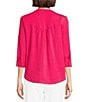 Color:Azalea - Image 2 - Petite Size Lyocell Pleated Bib Split Round Neck 3/4 Roll-Tab Sleeve Button-Front Top