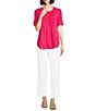 Color:Azalea - Image 3 - Petite Size Lyocell Pleated Bib Split Round Neck 3/4 Roll-Tab Sleeve Button-Front Top
