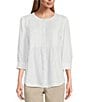 Color:Bright White - Image 1 - Petite Size Lyocell Pleated Bib Split Round Neck 3/4 Roll-Tab Sleeve Button-Front Top