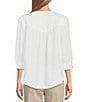 Color:Bright White - Image 2 - Petite Size Lyocell Pleated Bib Split Round Neck 3/4 Roll-Tab Sleeve Button-Front Top