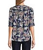 Intro Petite Size Lyocell Slub Dark Wash Pal Print Y-Neck Long Roll-Tab Sleeve Shirttail Hem Blouse, Color:Dark Wash/Pal Print - Image 2