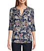 Intro Petite Size Lyocell Slub Dark Wash Pal Print Y-Neck Long Roll-Tab Sleeve Shirttail Hem Blouse, Color:Dark Wash/Pal Print - Image 3