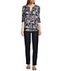 Intro Petite Size Lyocell Slub Dark Wash Pal Print Y-Neck Long Roll-Tab Sleeve Shirttail Hem Blouse, Color:Dark Wash/Pal Print - Image 4