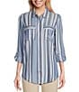 Color:Sunwash/Yarn Dyed Indigo Stripe - Image 1 - Petite Size Lyocell Yarn Dyed Indigo Stripe Point Collar Roll-Tab Sleeve Snap-Front Shirt